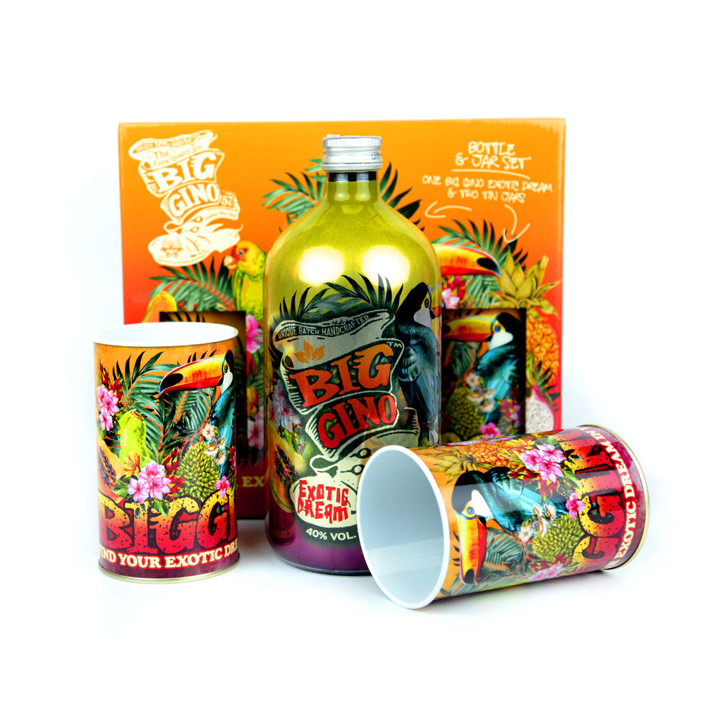 Bundle Big Gino Exotic Dream 1L con 2 jar in metallo, gin tropicale